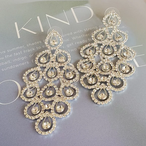 PLATINUM SILVER CZ Chandelier Earrings Waterfall Statement Bridal Wedding Bling - Picture 3 of 9